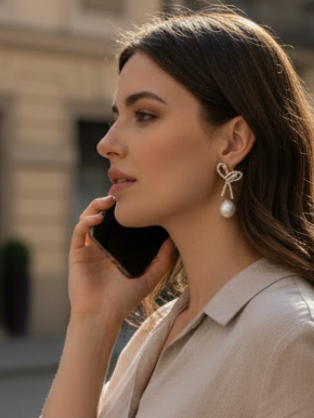 Gold Bow Pearl Drop Earrings - White Pearl